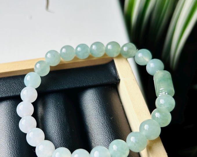 Jadeite Jade Bracelet Jewelry Gift for Her 100% Untreated Genuine Type A Burmese Icy Translucent Green Blue 7.5mm Handmade in Canada