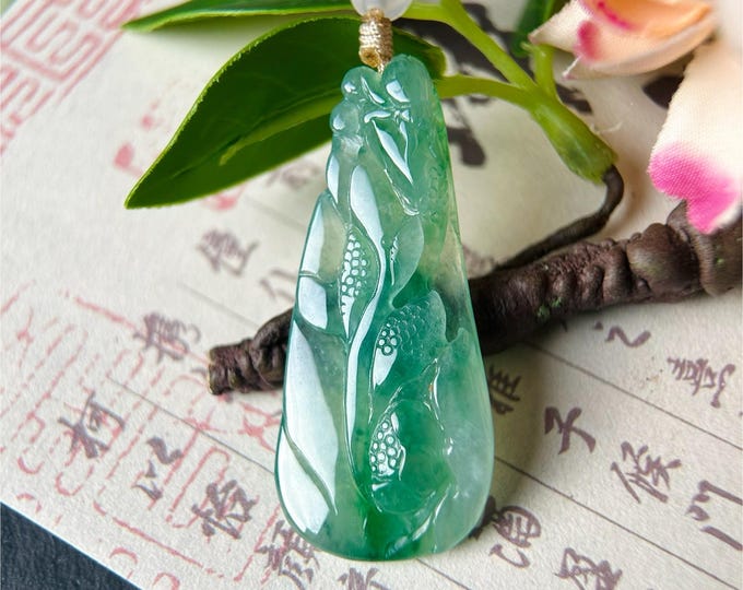 Natural Jadeite Hand-Carved Flower Pendant Burmese Untreated Type A Highly Translucent Icy Emerald Green Floral Jade