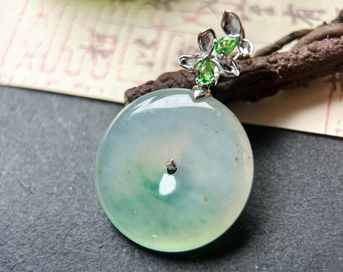 Natural Jadeite, Tsavorite & 18k Solid Gold Lucky Donut Pendant Burmese Type A Superior Translucency Green Floral Jade Certified