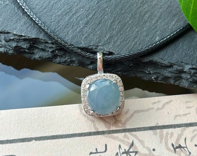 Natural Jadeite Cabochon Pendant Minimalist Jewelry Burmese Type A Highly Translucent Icy Blue Lavender Jade, 925 Sterling Silver