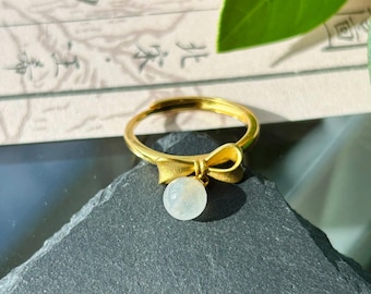 Natural Jadeite Ring Mother’s Day Gift Burmese Type A Highly Translucent Icy White Jade 6mm | Bow Style 18k Gold Filled Sterling Silver