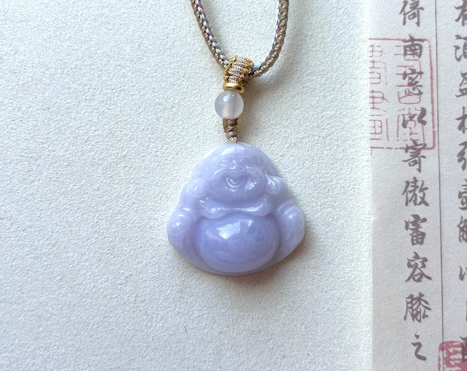 Certified Jadeite Jade Pendant Handwoven Necklace Jewelry Gift for Her Natural Burmese Type A Icy Lavender Purple Jade Laughing Buddha