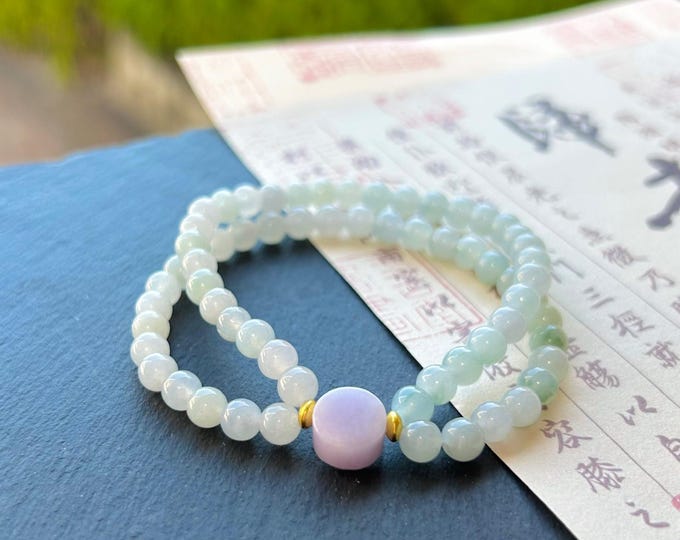 Jadeite Jade Beaded Stacked Bracelet Jewelry Gift for Her Burmese Natural Type A Icy Blue & Lavender Purple 5.6mm Handmade in Canada