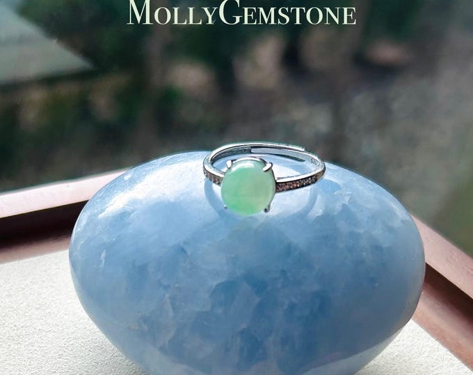 Natural Jadeite Jade Ring Jewelry Translucent Type A Icy Burmese Sweet Green Jadeite Adjustable Sterling Silver Ring Handmade Gift for Her