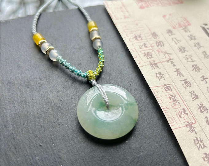 Natural Jadeite Jade Lucky Donut Pendant Handwoven Necklace Burmese Type A Icy Green Floral Jade PingAnKou 29.5x6.5mm
