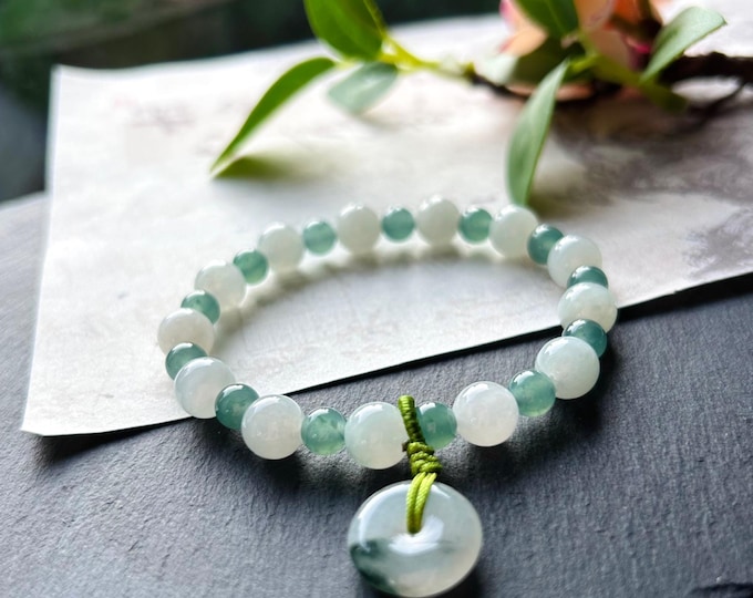 Natural Icy Burmese White & Guatemalan Blue Jadeite Beaded Bracelet Lucky Donut Charm - Untreated Type A