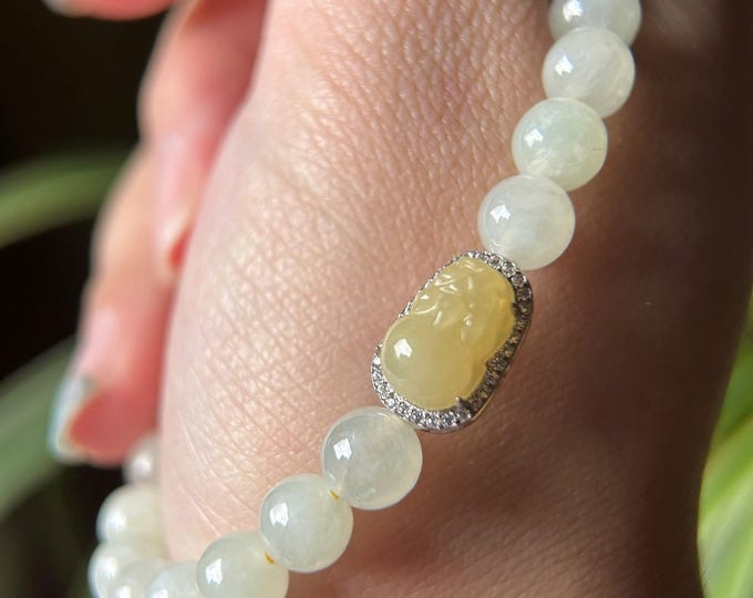 Natural Jadeite Beaded Bracelet | Burmese Type A Icy Yellow Green 7mm Beads | Jade Pixiu Wealth Charm in Sterling Silver Frame