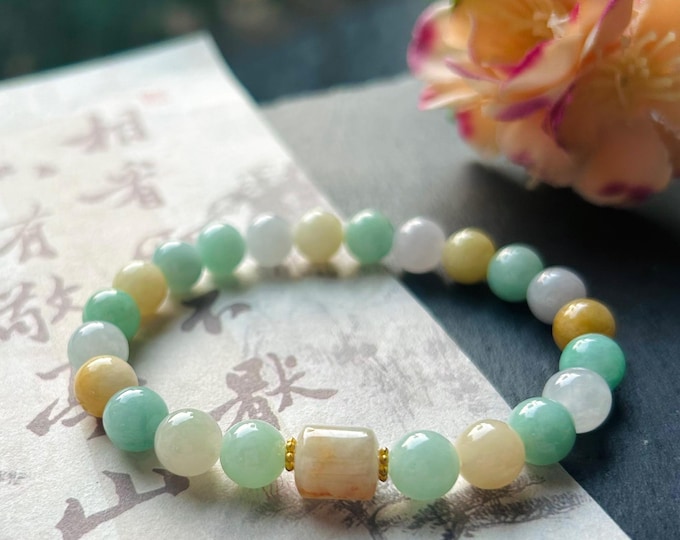 Jade Beaded Bracelet Handmade Jewelry Gift Natural Untreated Burmese Icy Type A Translucent MultiColor Myanmar Jadeite 7.8mm