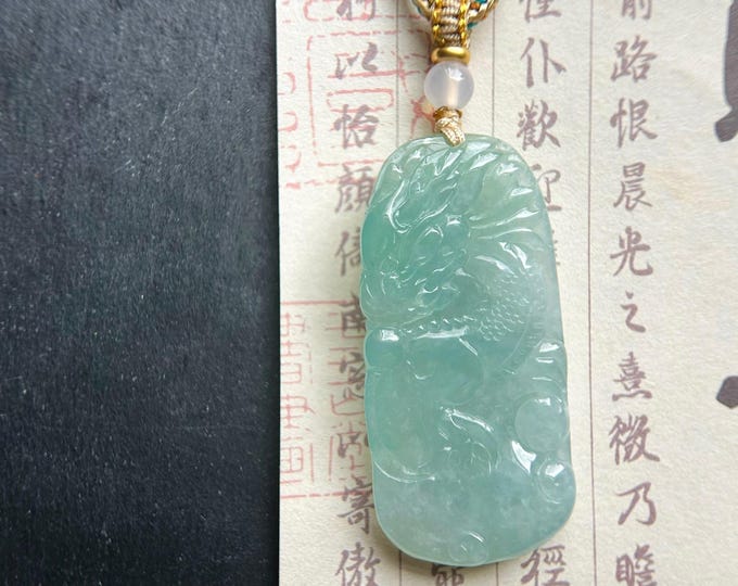 Burmese Blue Jadeite Dragon Pendant Handwoven Necklace: Hand-Carved Natural Untreated Type A Green Blue Myanmar Jade