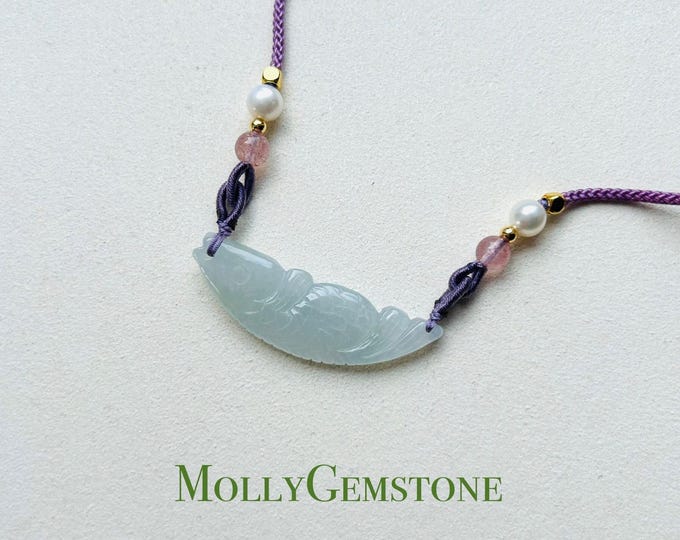 Jadeite Jade Crecent Pendant Jewelry Natural Burmese Type A Translucent Icy Blue Jade Carved Koi Fish(锦鲤) Handwowen Necklace New Year’s Gift