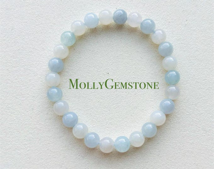 Jadeite Jade Beaded Bracelet Jewelry Authentic Untreated Icy Translucent Type A Burmese Icy White & Sky Blue 7mm Handmade Gift for Her