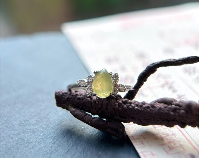 Jadeite Jade Sterling Silver Ring Jewelry Gift for Her Minimalist Natural Burmese Type A Highly Translucent Icy Yellow Jade Adjustable Ring