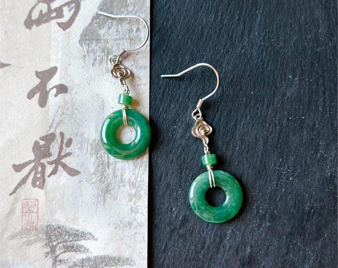 Jadeite Lucky Donut Earrings Jewelry Gift for Her Natural Burmese Type A Icy Translucent Gelatinous Icy Green Jade & 925 Sterling Silver