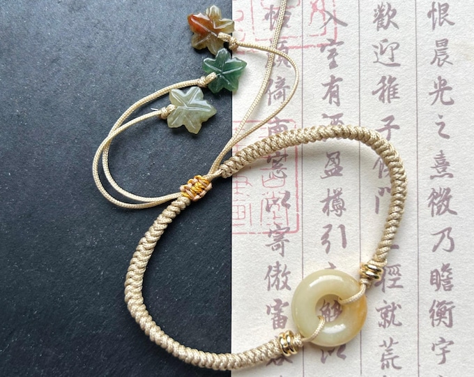 Burmese Jadeite Handwoven Lucky Donut & Maple Leaf Bracelet Natural Type A Icy Translucent Autumn Multicolor Myanmar Jade