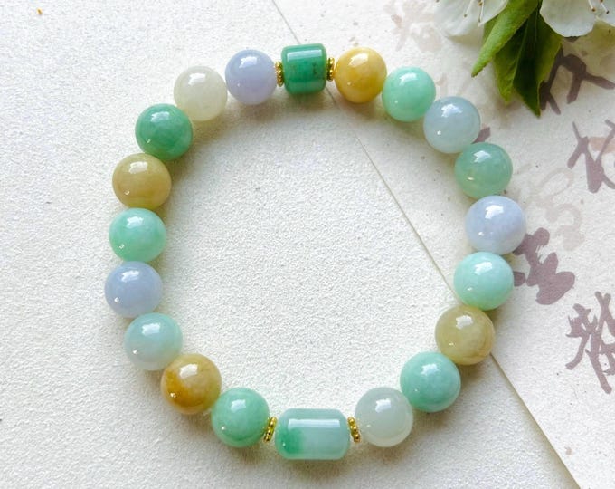 Jadeite Jade Beaded Bracelet Handmade Jewelry Gift for Her Authentic Untreated Burmese Type A Icy Gelatinous Jadeite MultiColor FeiCui 9mm