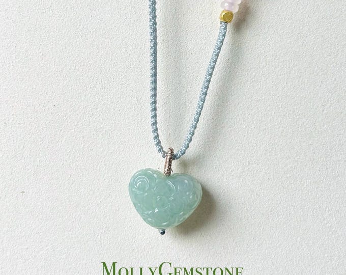 Jadeite Jade Heart Pendant Adjustable Necklace Handcrafted Gift for Her Burmese Authentic Untreated Type A Translucent Icy Green Jade