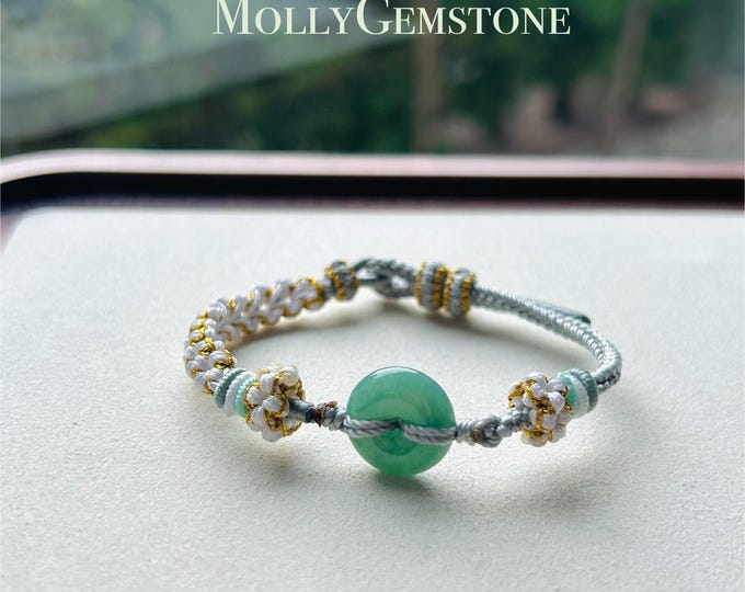 Jadeite Lucky Donut Bracelet Jewelry Gift for Her Natural Burmese Type A Jadeite Icy Green Jade Handwoven Braided Bracelet Peace Button