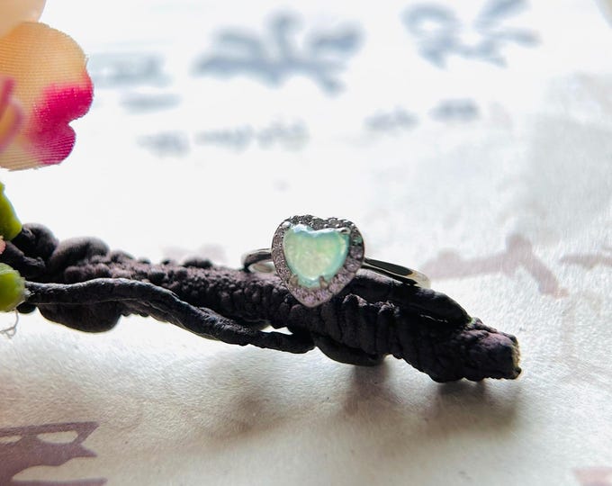 Jadeite Jade Heart Ring Jewelry Gift for Her Natural  Burmese Type A Highly Translucent Light Icy Green Jadeite Adjustable Sterling Silver
