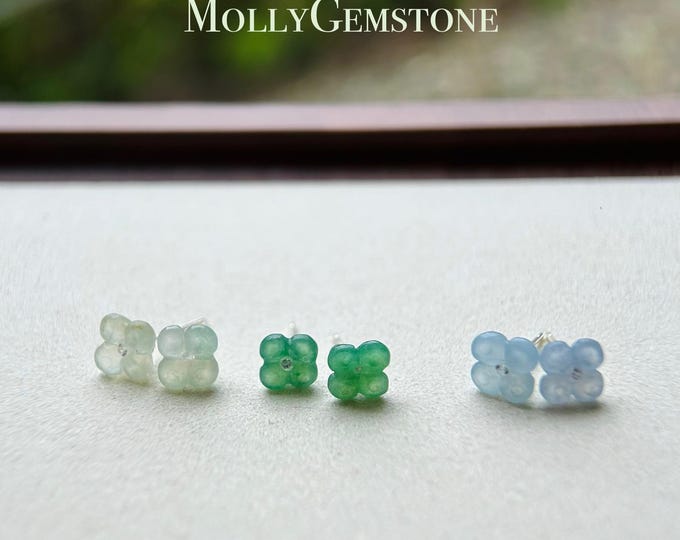 Jadeite Jade Flower Stud Earrings Handmade Jewelry Gift for Her Natural Burmese Type A Highly Translucent Icy Jade Earrings Sterling Silver