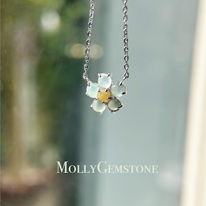 Jadeite Jade Daisy Flower Pendant Sterling Silver Necklace Gift for Her Natural Burmese Type A Icy Highly Translucent White & Yellow Jadeite
