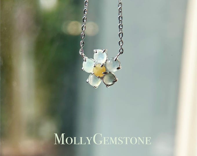 Jadeite Jade Daisy Flower Pendant Sterling Silver Necklace Gift for Her Natural Burmese Type A Icy Highly Translucent White & Yellow Jadeite