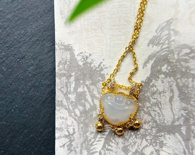 Jadeite Dainty RuYi Lock Pendant: Sterling Silver; Natural Type A Highly Translucent Icy White Burmese Jade Charm