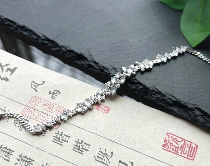 Certified Natural Jadeite Marquise Bracelet, Burmese Type A Superior Translucency Icy White Fine Jade in 925 Sterling Silver