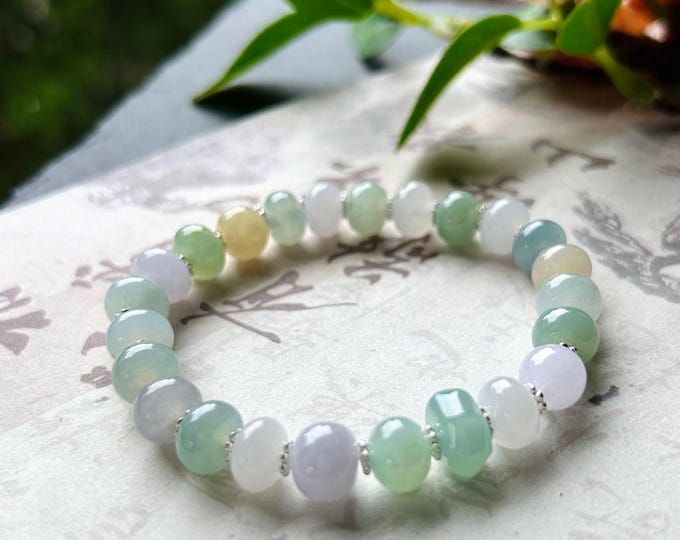 Jadeite Beaded Bracelet Jewelry Natural Burmese Type A Icy Highly Translucent Multicolor Jade 8-9mm