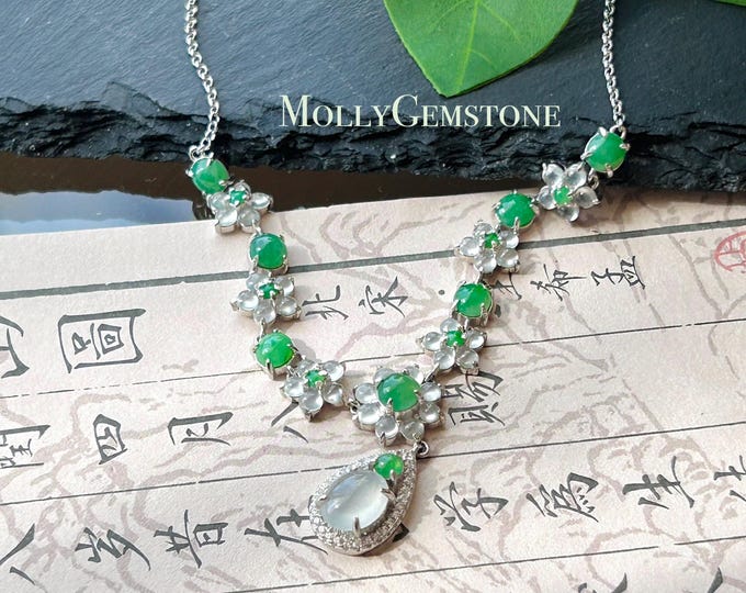 Certified Natural Jadeite Cabochon Designer Necklace, Burmese Type A Highly Translucent Icy  Vivid Green & White Jade, 925 Sterling Silver