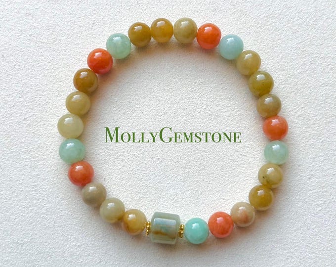 Jadeite Jade Beaded Bracelet Jewelry New Year Gift for Her Authentic Type A Translucent Icy Burmese Yellow MultiColor Jadeite 7mm FeiCui