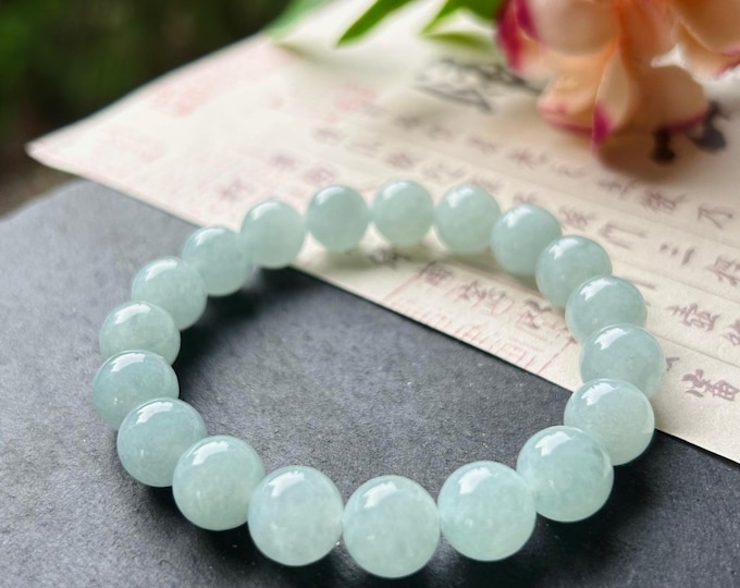Natural Jadeite Beaded Bracelet Handmade Jewelry Gift for Her Burmese Type A Highly Translucent Icy Blue 9.5mm Jade
