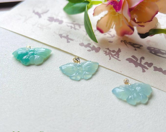 Jadeite Jade Butterfly Pendant Necklace Jewelry Gift for Her Burmese Natural Type A Icy Highly Translucent Jadeite 18k Solid Gold Bail