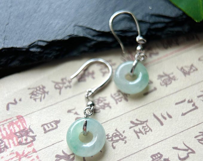 Natural Jadeite Lucky Donut Minimalist Earrings: Burmese Type A Translucent Icy Blue Green Floral Jade, Sterling Silver