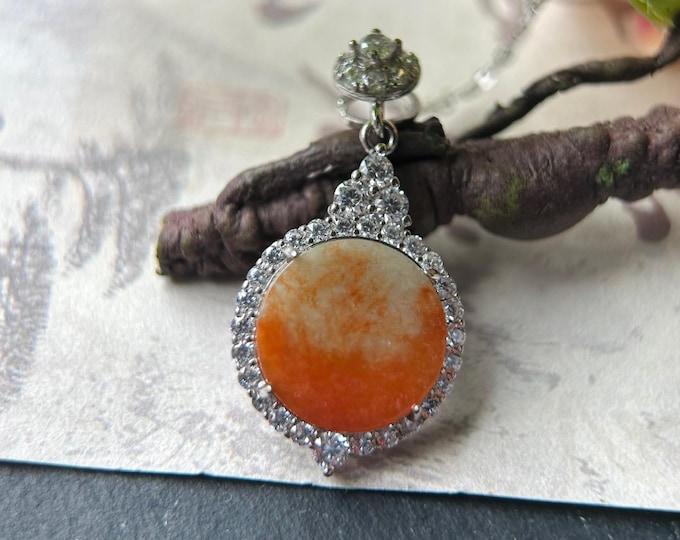 Natural Jadeite & Sterling Silver Pendant Burmese Type A RARE Icy Translucent Pumpkin Color Peace Plaque Orange Jade Halloween Gift