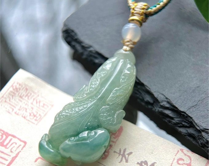 Natural Jadeite Bok-Choi Cabbage Pendant – Burmese Type A Untreated Jade – HandWoven Necklace