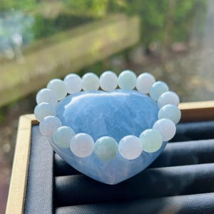 Jadeite Jade Beaded Bracelet Jewelry Authentic Untreated Burmese Type A Icy Translucent Jadeite Blue White Fei-Cui 10.3mm Handmade Xmas Gift