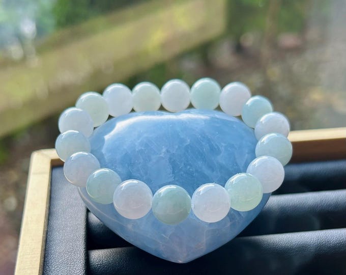 Jadeite Jade Beaded Bracelet Jewelry Authentic Untreated Burmese Type A Icy Translucent Jadeite Blue White Fei-Cui 10.3mm Handmade Xmas Gift
