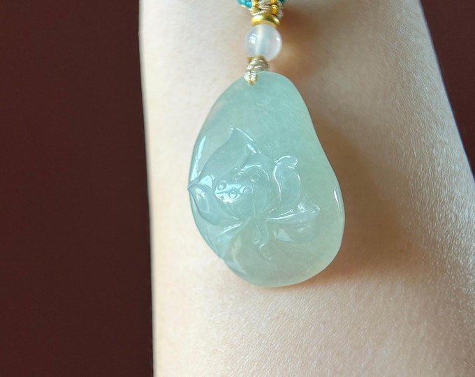 Natural Burmese Jadeite HandCarved Lotus Flower Pendant Handwoven Necklace Jewelry - Type A Icy Translucent Pale Green Jade