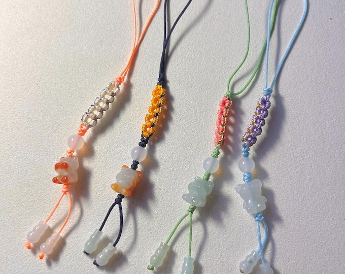 Jadeite Jade Phone Charm Gummy Bear Keychain Jewelry New Year’s Gift Authentic Untreated Type A Burmese Icy Lucky Chinese Knot Amulet