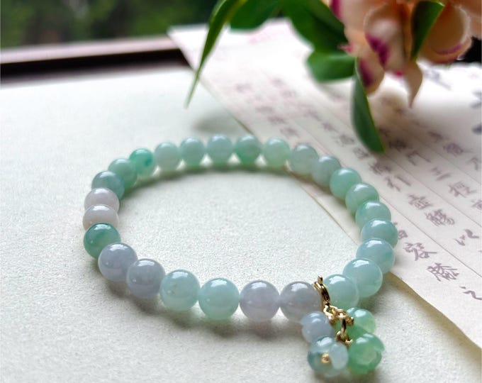 Jadeite Jade Beaded Bracelet Jewelry Gift for Her Natural Type A Burmese Untreated Icy High Translucency Green Floral Purple 7mm Jade FriCui