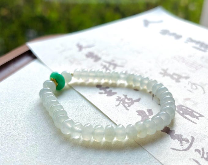 Jadeite Jade Beaded Bracelet Jewelry Mother’s Day Gift Natural Burmese Untreated Type A Icy White & Green Superior Translucency 7mm FeiCui