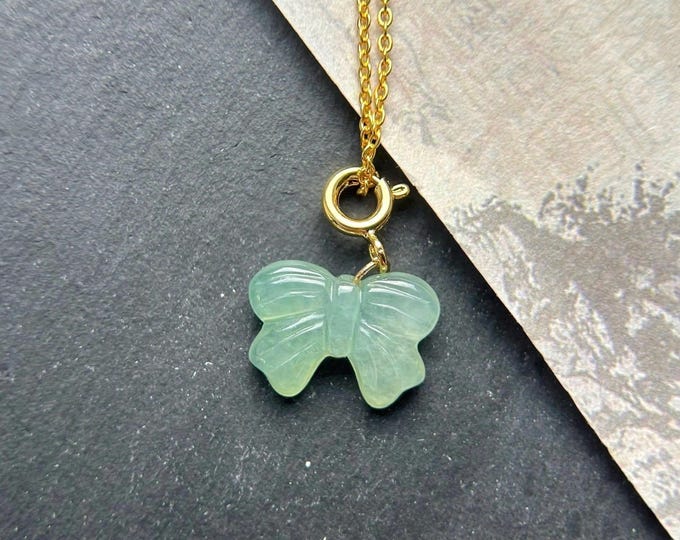 Jadeite Dainty Bow Tie Pendant: Sterling Silver Bail, Natural Type A Highly Translucent Icy Clear-water Green Burmese Jade