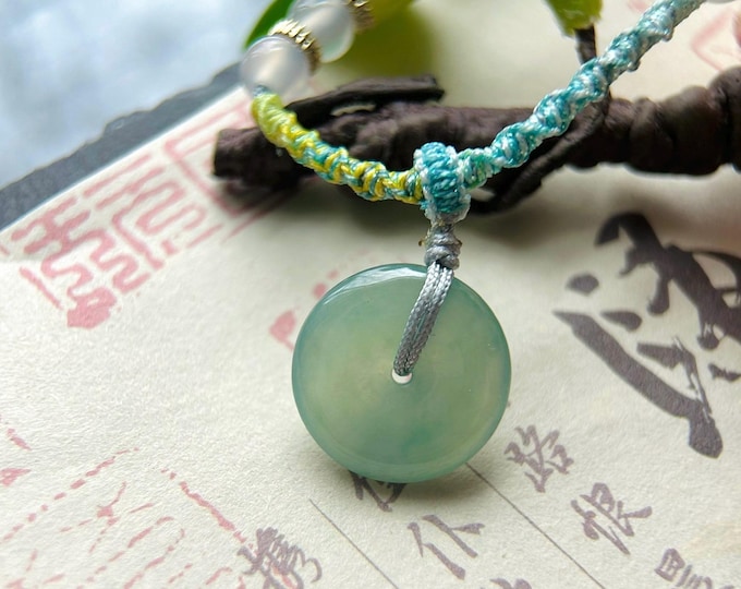 Natural Jadeite Lucky Donut Pendant Handwoven Necklace Burmese Type A Highly Translucent Icy Blue/Green Jade PingAnKou 18.2x4mm