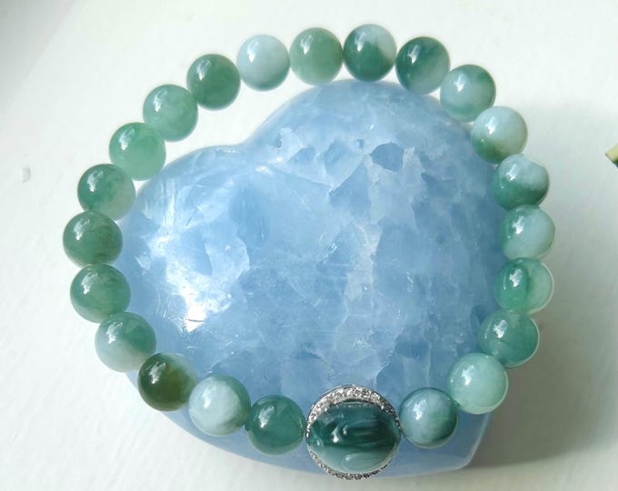 Jadeite Jade Bracelet Jewelry Gift for Her Genuine Untreated Icy Translucent Type A Burmese 8mm RARE Half Green and White Color Jadeite