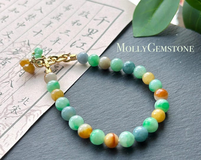 Natural Jadeite Beaded Bracelet, Burmese Type A Fine Icy Translucent Vivid Rainbow Multicolor Jade Beads, 7.2mm Duobao Bracelet