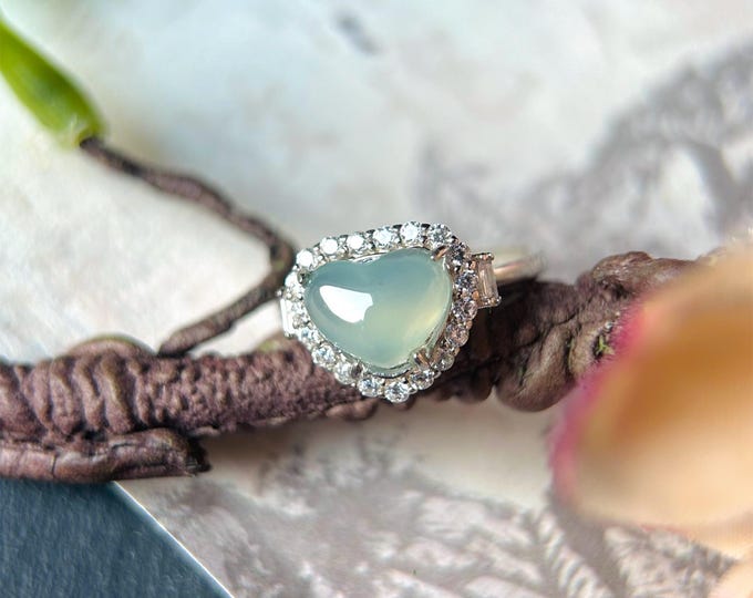 Jade Heart & Sterling Silver Adjustable Ring Handmade Jewelry Gift Natural Burmese Type A Highly Translucent Light Blue Jadeite