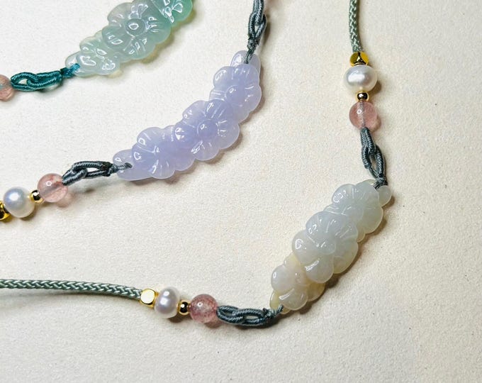 Jadeite Jade Crecent Pendant Jewelry Gift Natural Burmese Type A Translucent Icy Green Purple Yellow Jade Carved Flowers Handwowen Necklace