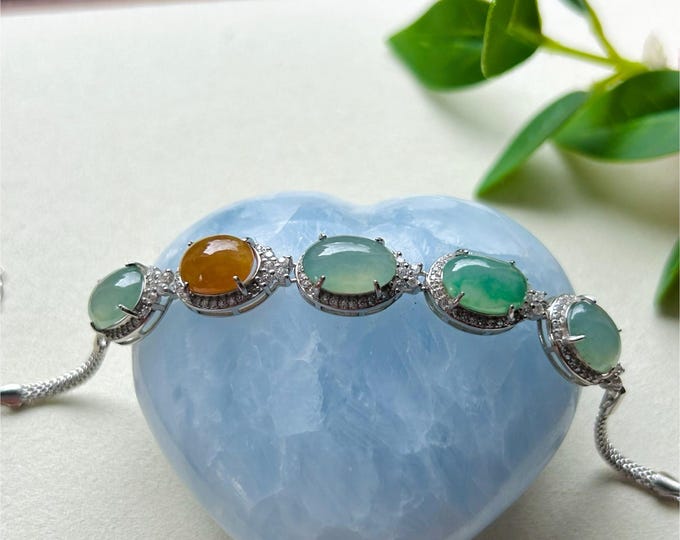 Certified Jadeite Jade Bracelet Jewelry Gift for Her Natural Burmese Type A Highly Translucent Icy Multicolor Jade & Sterling Silver