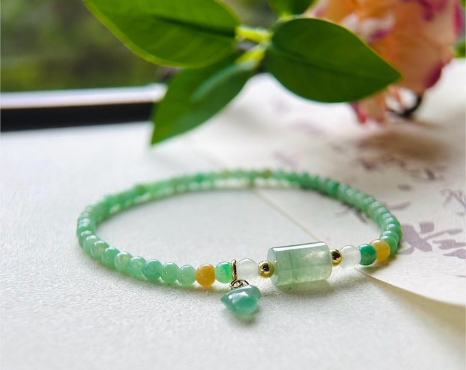 Jadeite Jade Beaded Minimalist Bracelet Jewelry Gift for Her Natural Burmese Type A Icy Green Translucent Jade 3mm 18k Solid Gold Jade Charm