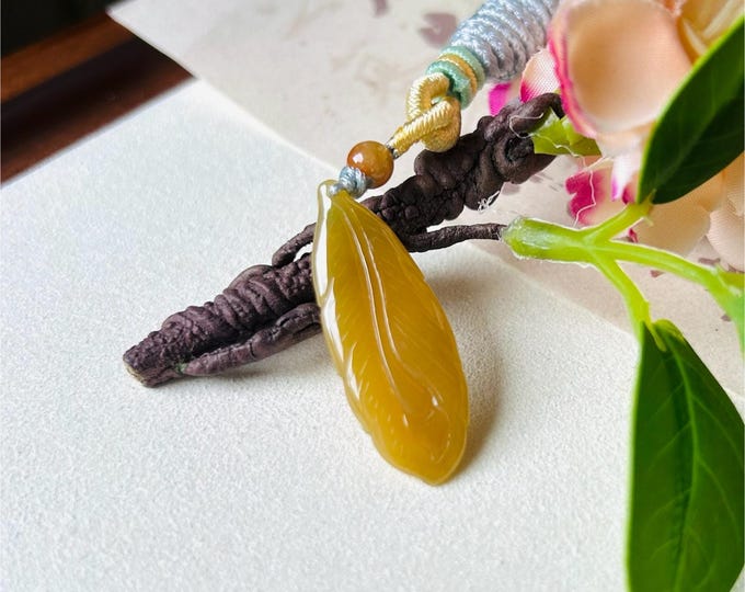 Certified Jadeite Jade Feather Pendant Necklace Jewelry Gift for Her Burmese Natural Unheated Type A Icy Translucent Bright Yellow Jadeite